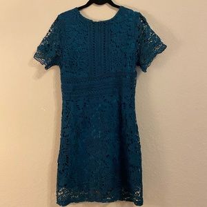 Teal Short Sleeve Crochet Mini Dress (Size S)